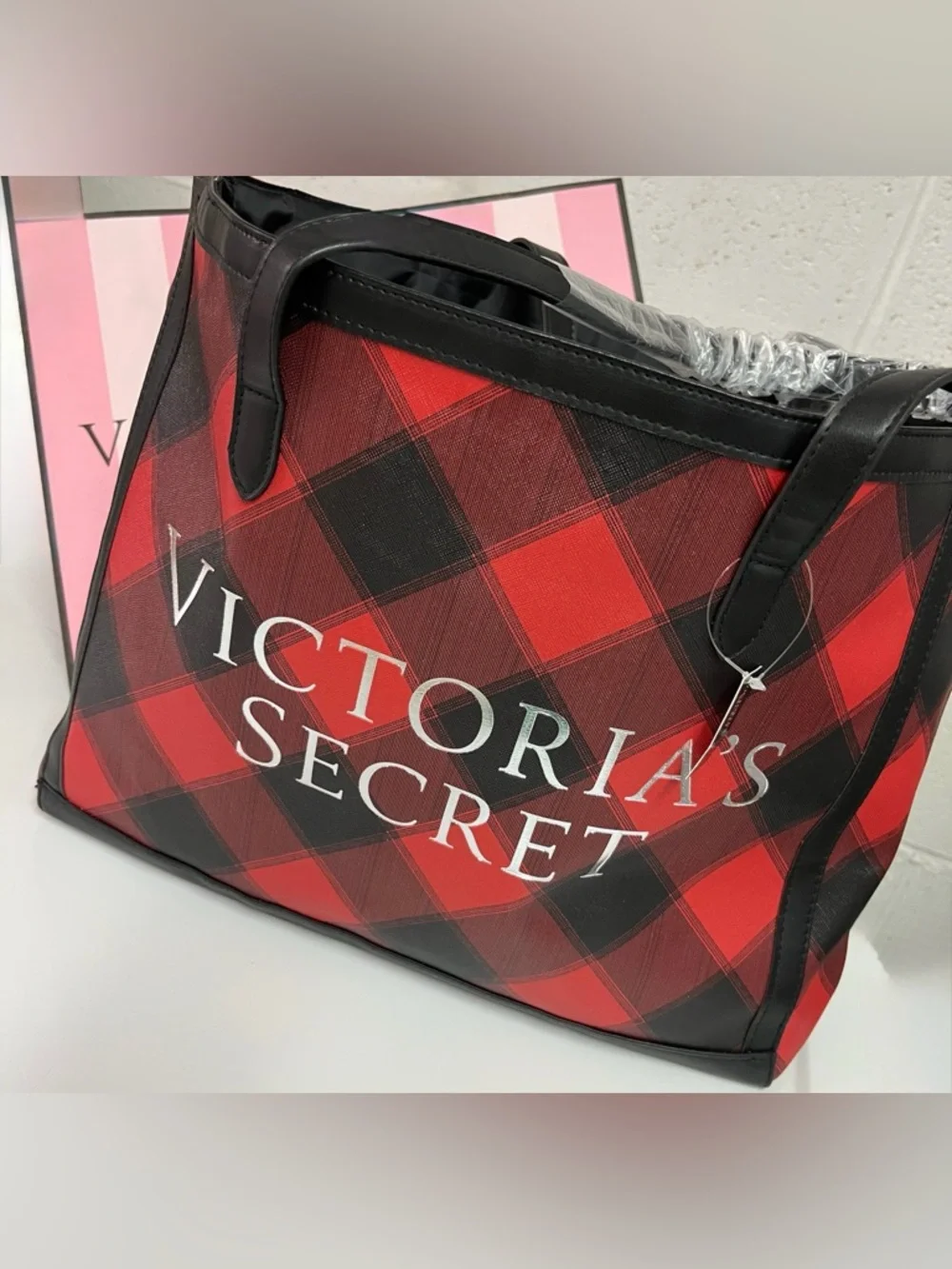 Victoria's Secret Red and Black Plaid Logo Tote - Picture 2 of 2